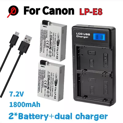 2x LP-E8 X4 X6 T2i Battery + For Canon Dual Charger EOS 550D 600D 700D Kiss 650D • £18.49