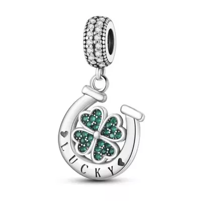 Lucky Horseshoe Four Leaf Clover  Sterling Plated Bead Charm + Gift Bag • £8.99