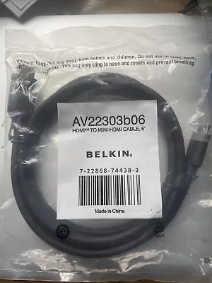 Belkin 6 Ft HDMI To Mini-HDMI Cable AV22303b06 Sealed New FREE SHIPPING  • $9.99