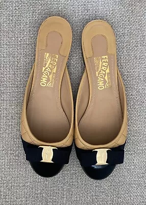 Ferragamo Quilted Vara Bow Mule Flat Ballerina Shoes - EUC Women Size 9  EU 40 • $300