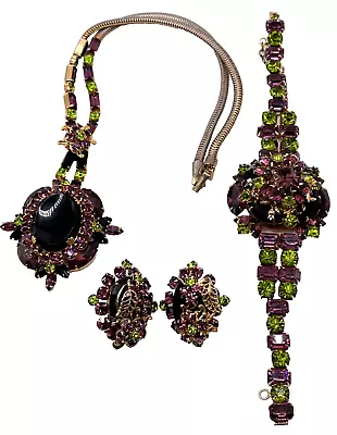 Vintage Juliana Purple Green Black Rhinestone Necklace Bracelet Earrings Parure • $499.99
