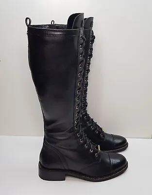 Kurt Geiger Carvela Size Uk4 Eur37 Womens Black Leather Lace Up Knee Boots Zip • £43.99