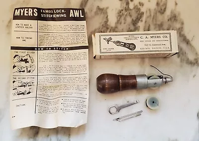 Vintage C.A Myers Co Leather Lock Stitch Sewing Awl Original Needles Manual Box • $39.99