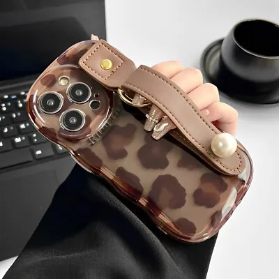 Brown Leopard Leather Wristlet Case For IPhone 15 14 13 12 11 Pro Max Back Cover • £5.69