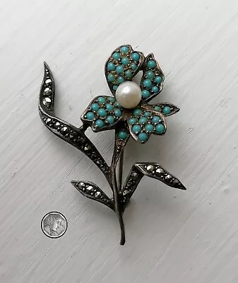 £48 • Buy Antique Vintage 925 Silver Marcasite Brooch Pansy Flower With Turquoise Pearl 