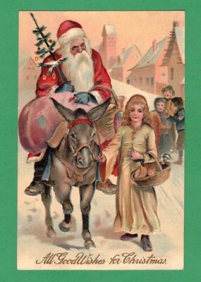 $30 • Buy 1910 Pfb Christmas Postcard Santa Donkey Christkindle Sack Tree Kids Snow