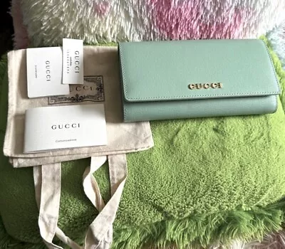 Gucci Continental Wallet Gucci Script 772638 Set With Linen Tote Bag Teal Green • $333