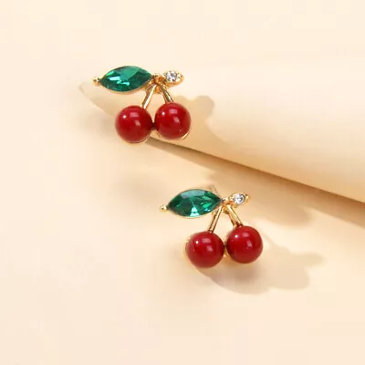 Lovely Fruit Jewellery Green Crystal Leaf Red Beads Stud Elegant Cherry Earrings • $1.99