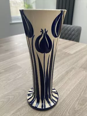 Ceramic Flower Vase With Tulip Detail In Blue& Cream 20cm Tall 8cm Rim Diameter • £15