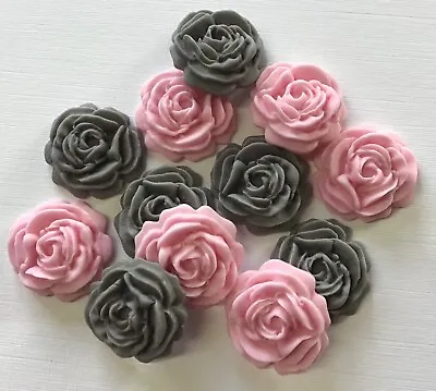 12 Pink Roses Flowers Edible Cake Toppers Sugarcraft Wedding CupcakeBirthday • £5.25