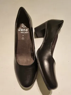 Womens Black Leather Court Shoes. Size 7 H Wide Fit. JANA. Claudette  BNWT  • £22