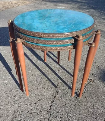 Mid Century Nesting Spider Leg Tables Blue Marble Formica Set Of 3  Round Side • $399