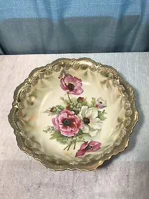 Vintage Leuchtenburg Germany Gold Scalloped Edges Pink Wild Rose Bowl 9.5in • $54.99