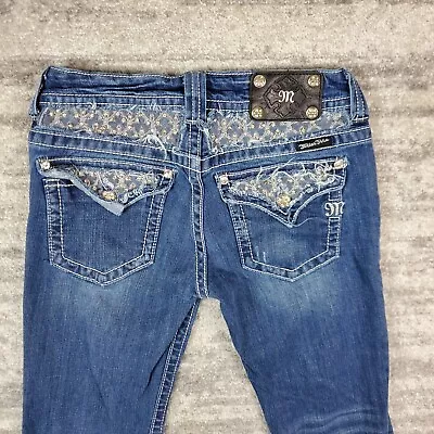 Miss Me Jeans Womens 28 Low Rise Bootcut Raw Hem Flap Pocket Rhinestone Blue • $17.95