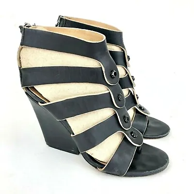 L.A.M.B. | Black + Tan Leather Gladiator Wedge High Heel Strap Sandal Womens 7.5 • $12.95