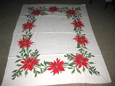 Vintage VERA Tablecloth Christmas Poinsettias White Red Green 66 X 50 Ladybug • $15.49