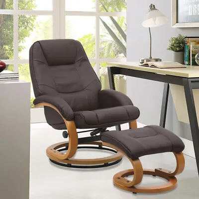 Swivel Manual Recliner Chair And Foot Stool Set PU Leather Lounge Armchair Brown • £195.95
