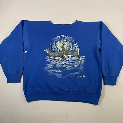 Vintage Deer Sweatshirt Mens XL Blue Illinois Outdoor Hunting Crew Neck Animals • $17.46