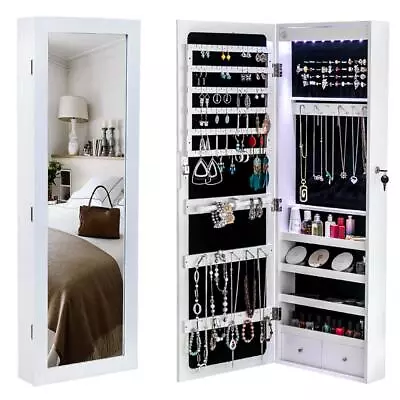 Wall & Door Mounted Mirror Jewelry Cabinet W/ Lock Armoire Organizer LED Light • $75.99