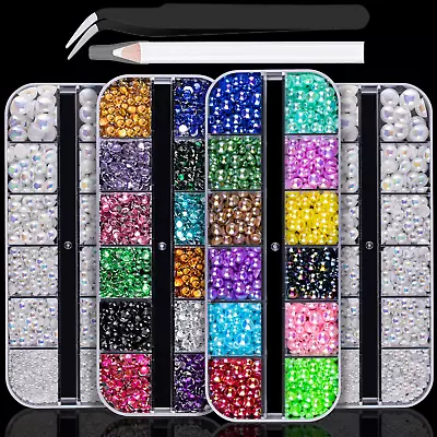 4 Boxes Flat Back Rhinestone&Pearls Kits Flatback Round Mixed Color Gems+Colorfu • $19.99