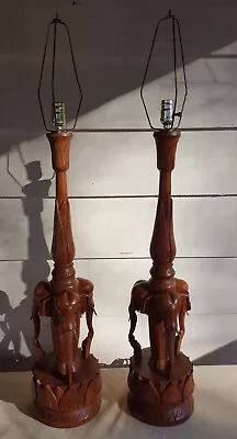 Awesome Large Vintage Hand Carved Pair Teak Mid Century Elephant Lamp Beautiful • $350