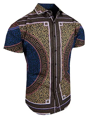 Mens Short Sleeve Shirt Designer Animal Leopard Prints Stretch Slim Fit Button • $27.95