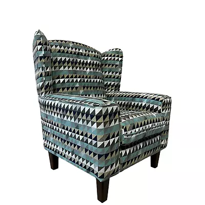 Wing Back Cottage Fireside Chair Teal & Grey Aztec Design Fabric Dark Wood Legs • £399