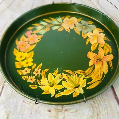 Vtg Metal Serving Tray Green W Flowers 60s Toleware 11.75  MCM • $11.10