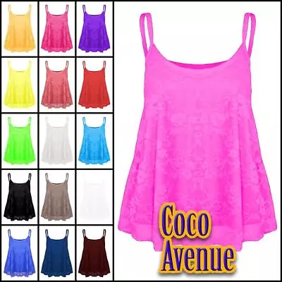 Ladies Floral Lace Camisole Strappy Sheer Mesh Flared Summer Vest Tank Cami Top • £5.92