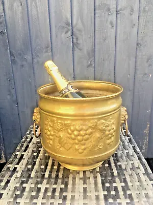 Large Vintage Brass Champagne Ice Bucket Wine Cooler Leaf Grape Lion Handles • $256.59