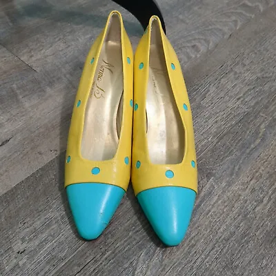 Norma B Vintage Pumps Leather Heel Size 7.5 M Made In Spain Polkadot Yellow • $22.50