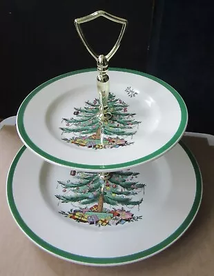 Vintage SPODE Christmas Tree 2-Tier Cake Cookies Dessert Stand Plate 10  Tall • $48