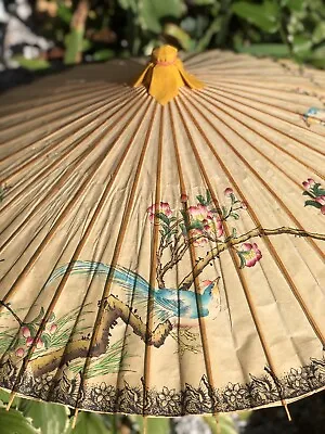 Vintage Asian Bamboo & Rice Paper Umbrella Hand Painted Floral Bird Parasol • $34.16
