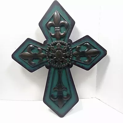 Turquoise Hanging Cross With Fleur De Lis Metal Accents Garden Door Decor • $24.99
