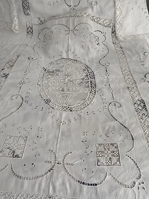£75 • Buy Fine, Large,  vintage, French Linen Tablecloth With Hand Crochet Work 96  X 74 