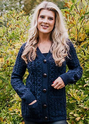 Women's British Wool Long Cardigan With Leather Buttons Luxury Ladies Cardi Navy • £109.99