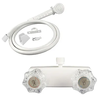 White RV Mobile Home Shower Faucet Clear Handles & Includes Hand-Held Shower • $25.99