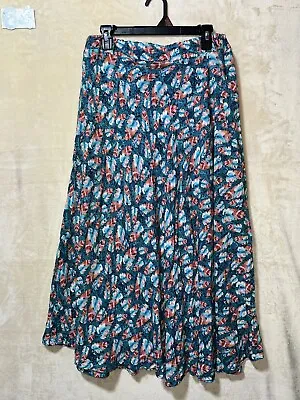 Long Maxi Skirt Feathers Pattern Blue Flared Large L • $14.65