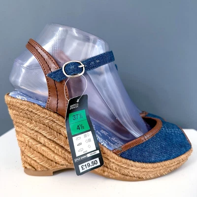 £9.99 • Buy BNWT M&S Blue Denim Rattan Summer Wedges Heels Sandals Shoes Size 4.5 EU 37.5 S3
