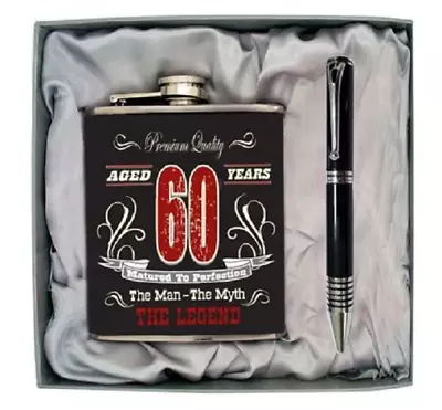 60th Sixtieth Birthday Milestone Black Stainless Steel Hip Flask Pen Gift Box • $29.95