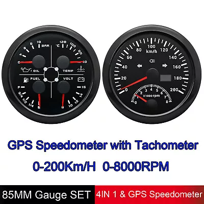 2 Gauge Set 85MM GPS Speedometer 0-200Km/H & 4IN1 Fuel Water Temp Oil Press Volt • $90.01