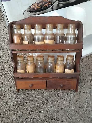 Vtg Wooden Spice Rack W/ Jars Wall Hanging Table Top Apothecary Drawers 12  X 12 • $25