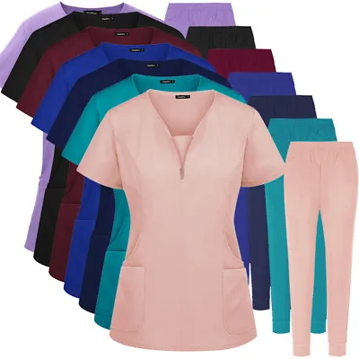 Stretch Scrubs For Women Set Nurse Uniform Scrub Jogger Set Women Black Scrubs • $16.89