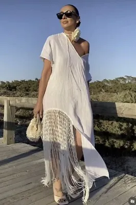Nwt_zara Woman Ss23 Linen Dress With Fringe White | 7495/810_l • £40