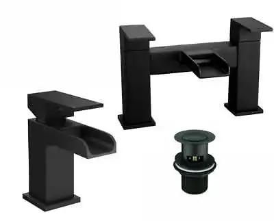 Bathroom Modern Waterfall Black Basin Sink Mono Square Mixer Tap Filler Waste • £31.99