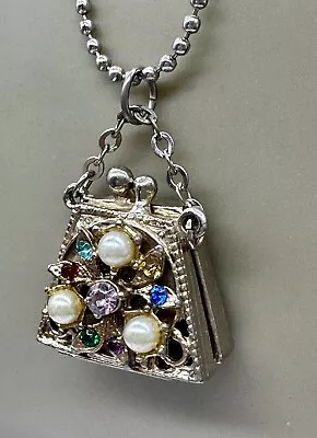 Estate Vintage Faux Pearl Glass Purse Locket Pendant Ball Necklace 23  • $24.99