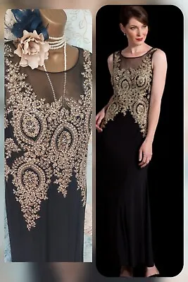 Klass 20s Deco Gatsby Black & Gold  Beaded Xmas Evening Cocktail Dress Size 14 • £120