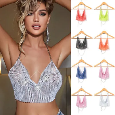£8.99 • Buy Womens Sexy Bling Bra Camisole Halter Club Party Crop Tops V-Neck Backless Vests