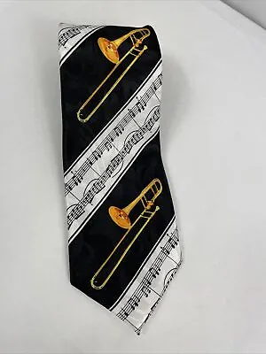 $10 • Buy HERUN Men's Necktie Hand Made Novelty Music Trombone Black Gold Classic Length