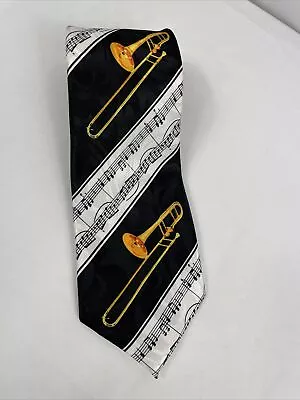 $10 • Buy HERUN Men's Necktie Hand Made Novelty Music Trombone Black Gold Classic Length